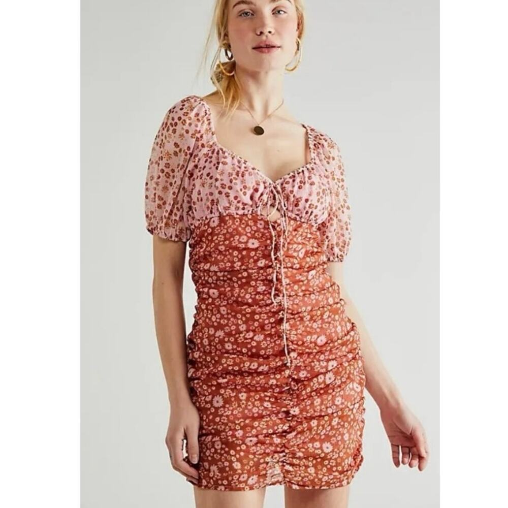 Free People Boho Tea Primrose Combo Floral Tessa Mini Dress Size L Summer